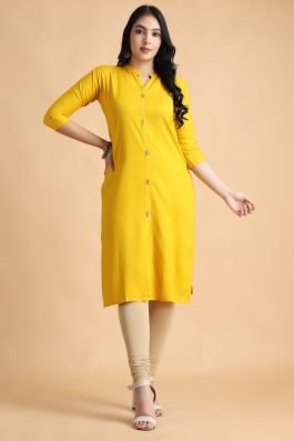 yellow solid A-line front slit Women cotton kurta
